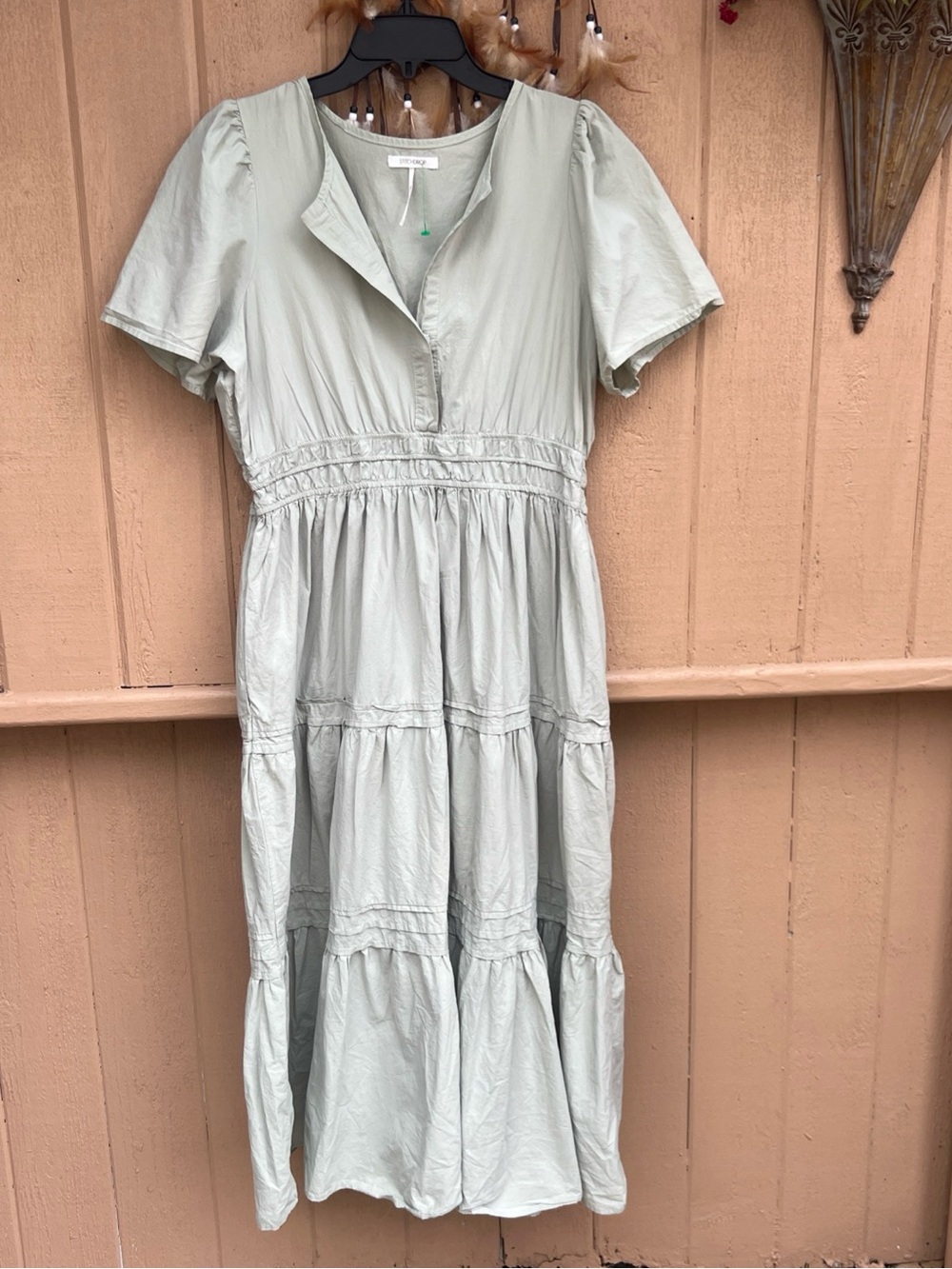 54. Stitchdrop Matcha Green Tempe Cotton Tiered Maxi Dress Size XL With Pockets